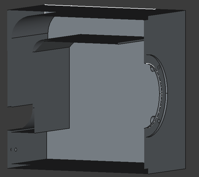 Cut view of the 3D model of the enclosure showing the rectangular reflex port along the back and top walls